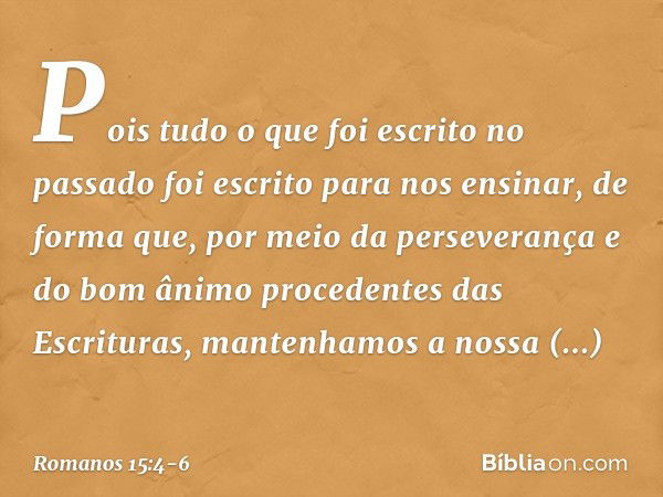 Pois tudo o que foi escrito no passado foi escrito para nos ensinar, de forma que, por meio da perseverança e do bom ânimo procedentes das Escrituras, mantenham