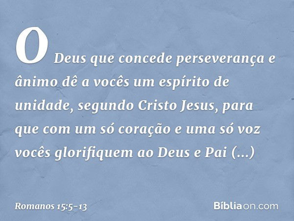 O Deus que concede perseverança e ânimo dê a vocês um espírito de unidade, segundo Cristo Jesus, para que com um só coração e uma só voz vocês glorifiquem ao De