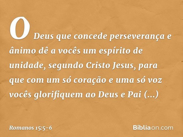 O Deus que concede perseverança e ânimo dê a vocês um espírito de unidade, segundo Cristo Jesus, para que com um só coração e uma só voz vocês glorifiquem ao De