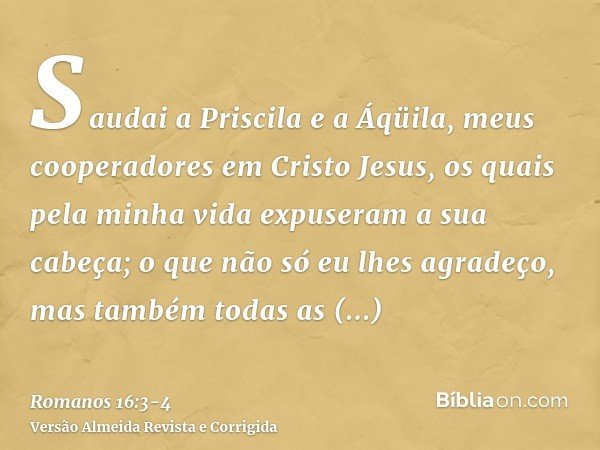 Saudai a Priscila e a Áqüila, meus cooperadores em Cristo Jesus,os quais pela minha vida expuseram a sua cabeça; o que não só eu lhes agradeço, mas também todas