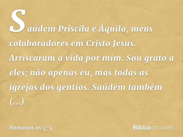 Saúdem Priscila e Áquila, meus colaboradores em Cristo Jesus. Arriscaram a vida por mim. Sou grato a eles; não apenas eu, mas todas as igrejas dos gentios. Saúd