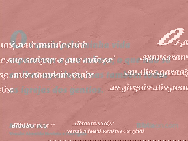 os quais pela minha vida expuseram a sua cabeça; o que não só eu lhes agradeço, mas também todas as igrejas dos gentios.