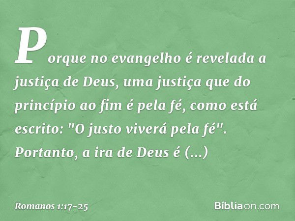 Porque no evangelho é revelada a justiça de Deus, uma justiça que do princípio ao fim é pela fé, como está escrito: "O justo viverá pela fé". Portanto, a ira de