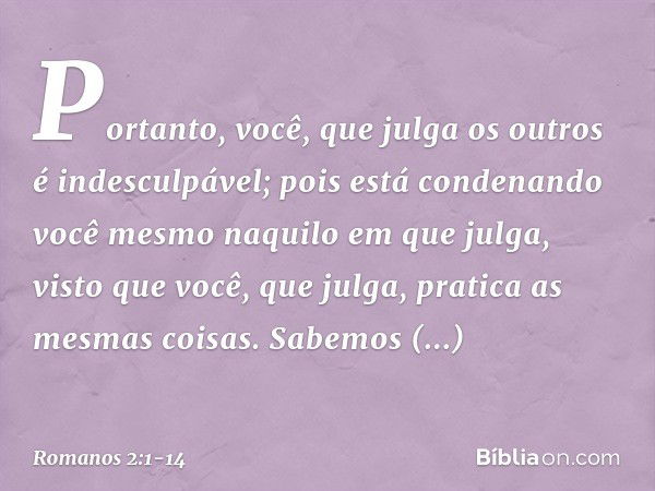 Portanto, você, que julga os outros é indesculpável; pois está condenando você mesmo naquilo em que julga, visto que você, que julga, pratica as mesmas coisas. 