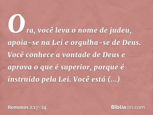 Ora, você leva o nome de judeu, apoia-se na Lei e orgulha-se de Deus. Você conhece a vontade de Deus e aprova o que é superior, porque é instruído pela Lei. Voc