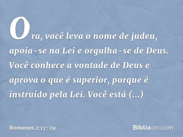 Ora, você leva o nome de judeu, apoia-se na Lei e orgulha-se de Deus. Você conhece a vontade de Deus e aprova o que é superior, porque é instruído pela Lei. Voc