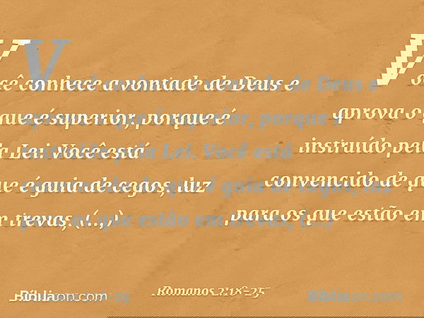 Você conhece a vontade de Deus e aprova o que é superior, porque é instruído pela Lei. Você está convencido de que é guia de cegos, luz para os que estão em tre