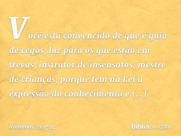 Você está convencido de que é guia de cegos, luz para os que estão em trevas, instrutor de insensatos, mestre de crianças, porque tem na Lei a expressão do conh