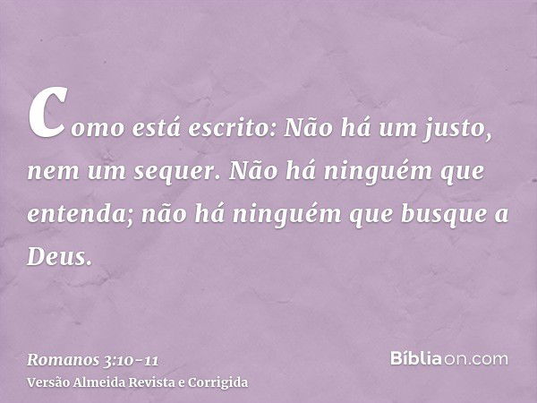 como está escrito: Não há um justo, nem um sequer.Não há ninguém que entenda; não há ninguém que busque a Deus.