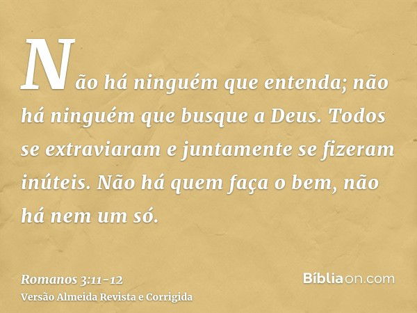 Não há ninguém que entenda; não há ninguém que busque a Deus.Todos se extraviaram e juntamente se fizeram inúteis. Não há quem faça o bem, não há nem um só.