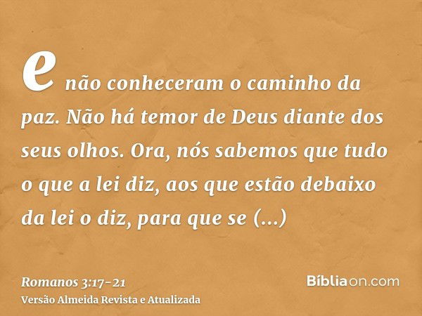 e não conheceram o caminho da paz.Não há temor de Deus diante dos seus olhos.Ora, nós sabemos que tudo o que a lei diz, aos que estão debaixo da lei o diz, para