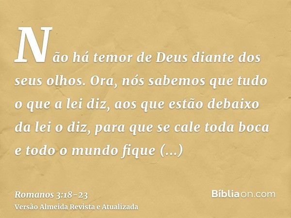 Não há temor de Deus diante dos seus olhos.Ora, nós sabemos que tudo o que a lei diz, aos que estão debaixo da lei o diz, para que se cale toda boca e todo o mu