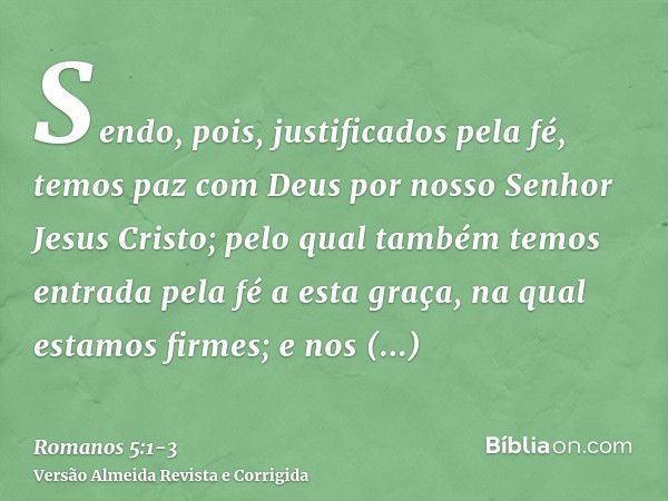 Sendo, pois, justificados pela fé, temos paz com Deus por nosso Senhor Jesus Cristo;pelo qual também temos entrada pela fé a esta graça, na qual estamos firmes;