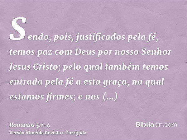 Sendo, pois, justificados pela fé, temos paz com Deus por nosso Senhor Jesus Cristo;pelo qual também temos entrada pela fé a esta graça, na qual estamos firmes;