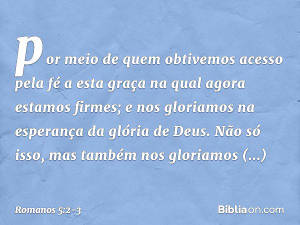 por meio de quem obtivemos acesso pela fé a esta graça na qual agora estamos firmes; e nos gloriamos na esperança da glória de Deus. Não só isso, mas também nos