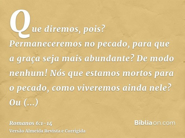 Que diremos, pois? Permaneceremos no pecado, para que a graça seja mais abundante?De modo nenhum! Nós que estamos mortos para o pecado, como viveremos ainda nel