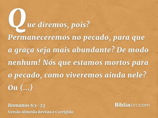 Que diremos, pois? Permaneceremos no pecado, para que a graça seja mais abundante?De modo nenhum! Nós que estamos mortos para o pecado, como viveremos ainda nel