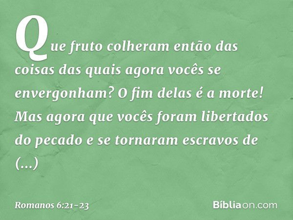 Que fruto colheram então das coisas das quais agora vocês se envergonham? O fim delas é a morte! Mas agora que vocês foram libertados do pecado e se tornaram es