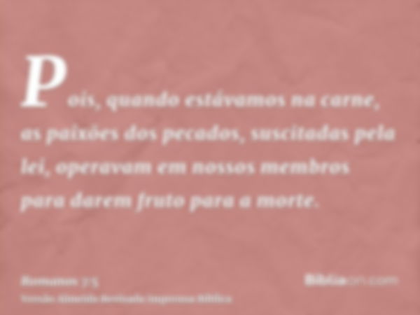 Pois, quando estávamos na carne, as paixões dos pecados, suscitadas pela lei, operavam em nossos membros para darem fruto para a morte.