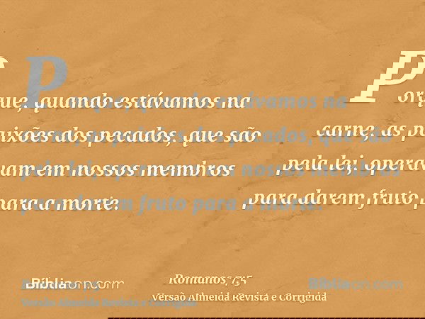 Porque, quando estávamos na carne, as paixões dos pecados, que são pela lei, operavam em nossos membros para darem fruto para a morte.