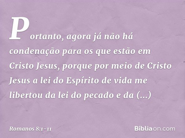 Portanto, agora já não há condenação para os que estão em Cristo Jesus, porque por meio de Cristo Jesus a lei do Espírito de vida me libertou da lei do pecado e