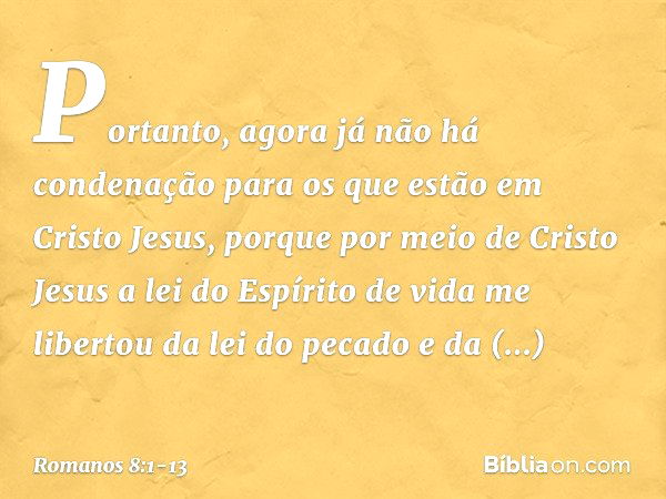 Portanto, agora já não há condenação para os que estão em Cristo Jesus, porque por meio de Cristo Jesus a lei do Espírito de vida me libertou da lei do pecado e