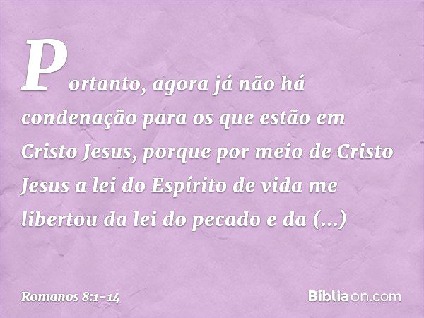 Portanto, agora já não há condenação para os que estão em Cristo Jesus, porque por meio de Cristo Jesus a lei do Espírito de vida me libertou da lei do pecado e