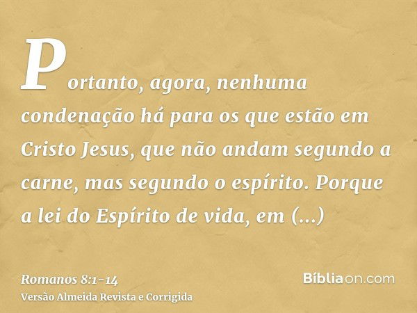 Portanto, agora, nenhuma condenação há para os que estão em Cristo Jesus, que não andam segundo a carne, mas segundo o espírito.Porque a lei do Espírito de vida