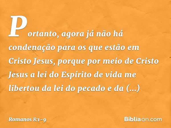 Portanto, agora já não há condenação para os que estão em Cristo Jesus, porque por meio de Cristo Jesus a lei do Espírito de vida me libertou da lei do pecado e