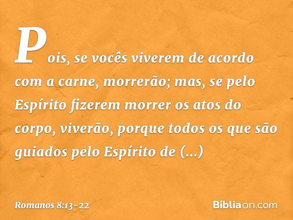 Pois, se vocês viverem de acordo com a carne, morrerão; mas, se pelo Espírito fizerem morrer os atos do corpo, viverão, porque todos os que são guiados pelo Esp