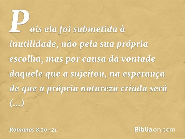 Pois ela foi submetida à inutilidade, não pela sua própria escolha, mas por causa da vontade daquele que a sujeitou, na esperança de que a própria natureza cria