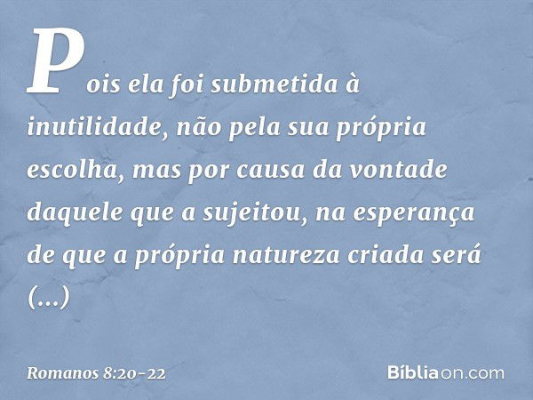 Pois ela foi submetida à inutilidade, não pela sua própria escolha, mas por causa da vontade daquele que a sujeitou, na esperança de que a própria natureza cria