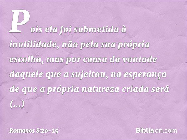 Pois ela foi submetida à inutilidade, não pela sua própria escolha, mas por causa da vontade daquele que a sujeitou, na esperança de que a própria natureza cria