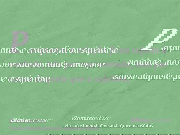 Porquanto a criação ficou sujeita à vaidade, não por sua vontade, mas por causa daquele que a sujeitou,
