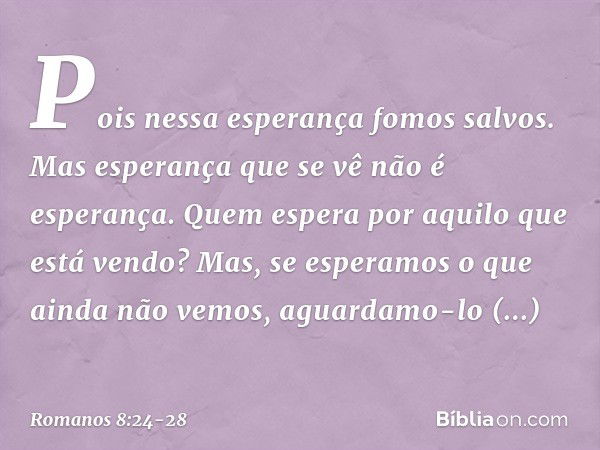 Pois nessa esperança fomos salvos. Mas esperança que se vê não é esperança. Quem espera por aquilo que está vendo? Mas, se esperamos o que ainda não vemos, agua