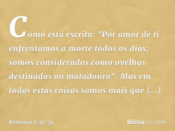 Como está escrito:
"Por amor de ti enfrentamos
a morte todos os dias;
somos considerados
como ovelhas
destinadas ao matadouro". Mas em todas estas coisas somos 