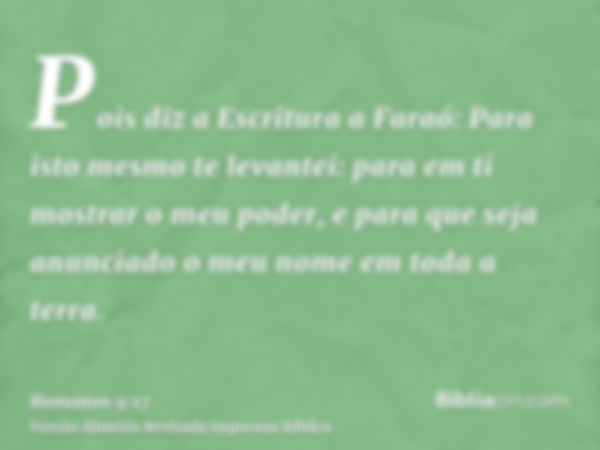 Pois diz a Escritura a Faraó: Para isto mesmo te levantei: para em ti mostrar o meu poder, e para que seja anunciado o meu nome em toda a terra.