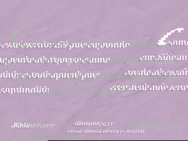 como está escrito: Eis que eu ponho em Sião uma pedra de tropeço e uma rocha de escândalo; e todo aquele que crer nela não será confundido.