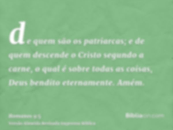 de quem são os patriarcas; e de quem descende o Cristo segundo a carne, o qual é sobre todas as coisas, Deus bendito eternamente. Amém.