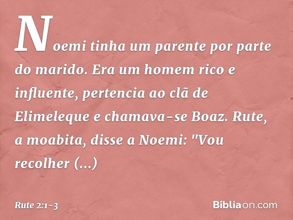 Noemi tinha um parente por parte do marido. Era um homem rico e influente, pertencia ao clã de Elimeleque e chamava-se Boaz. Rute, a moabita, disse a Noemi: "Vo