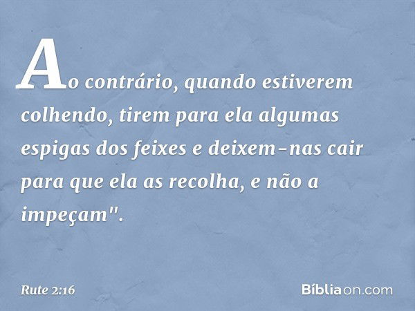 Ao contrário, quan­do estiverem colhendo, tirem para ela algumas espigas dos feixes e deixem-nas cair para que ela as recolha, e não a impeçam". -- Rute 2:16