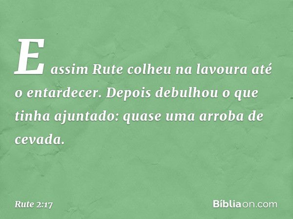 E assim Rute colheu na lavoura até o entardecer. Depois debulhou o que tinha ajuntado: quase uma arroba de cevada. -- Rute 2:17