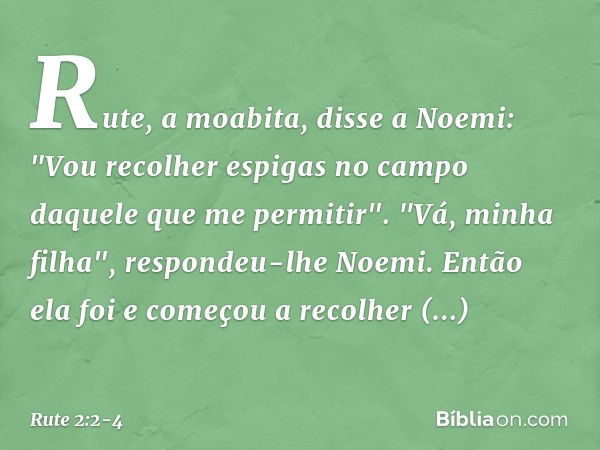 Rute, a moabita, disse a Noemi: "Vou recolher espigas no campo daquele que me permitir­".
"Vá, minha filha", respondeu-lhe Noemi. Então ela foi e começou a reco