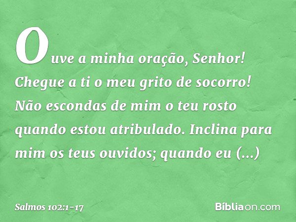 Ouve a minha oração, Senhor!
Chegue a ti o meu grito de socorro! Não escondas de mim o teu rosto
quando estou atribulado.
Inclina para mim os teus ouvidos;
quan