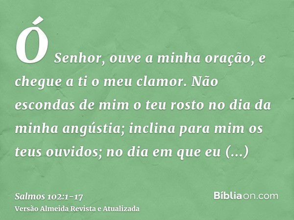 Ó Senhor, ouve a minha oração, e chegue a ti o meu clamor.Não escondas de mim o teu rosto no dia da minha angústia; inclina para mim os teus ouvidos; no dia em 