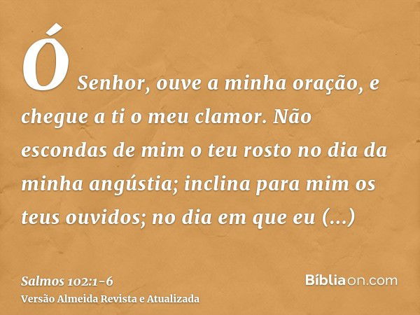 Ó Senhor, ouve a minha oração, e chegue a ti o meu clamor.Não escondas de mim o teu rosto no dia da minha angústia; inclina para mim os teus ouvidos; no dia em 