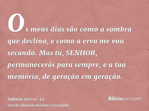 Os meus dias são como a sombra que declina, e como a erva me vou secando.Mas tu, SENHOR, permanecerás para sempre, e a tua memória, de geração em geração.