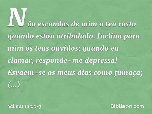 Não escondas de mim o teu rosto
quando estou atribulado.
Inclina para mim os teus ouvidos;
quando eu clamar, responde-me depressa! Esvaem-se os meus dias como f