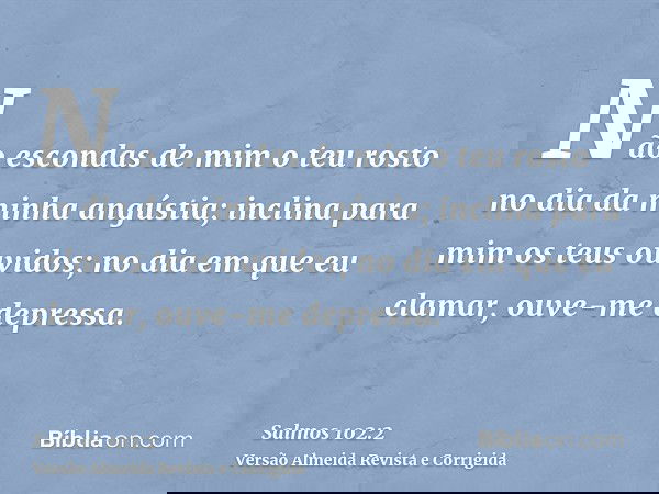 Não escondas de mim o teu rosto no dia da minha angústia; inclina para mim os teus ouvidos; no dia em que eu clamar, ouve-me depressa.