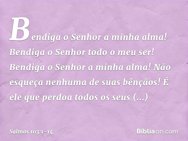 Bendiga o Senhor a minha alma!
Bendiga o Senhor todo o meu ser! Bendiga o Senhor a minha alma!
Não esqueça nenhuma de suas bênçãos! É ele que perdoa todos os se